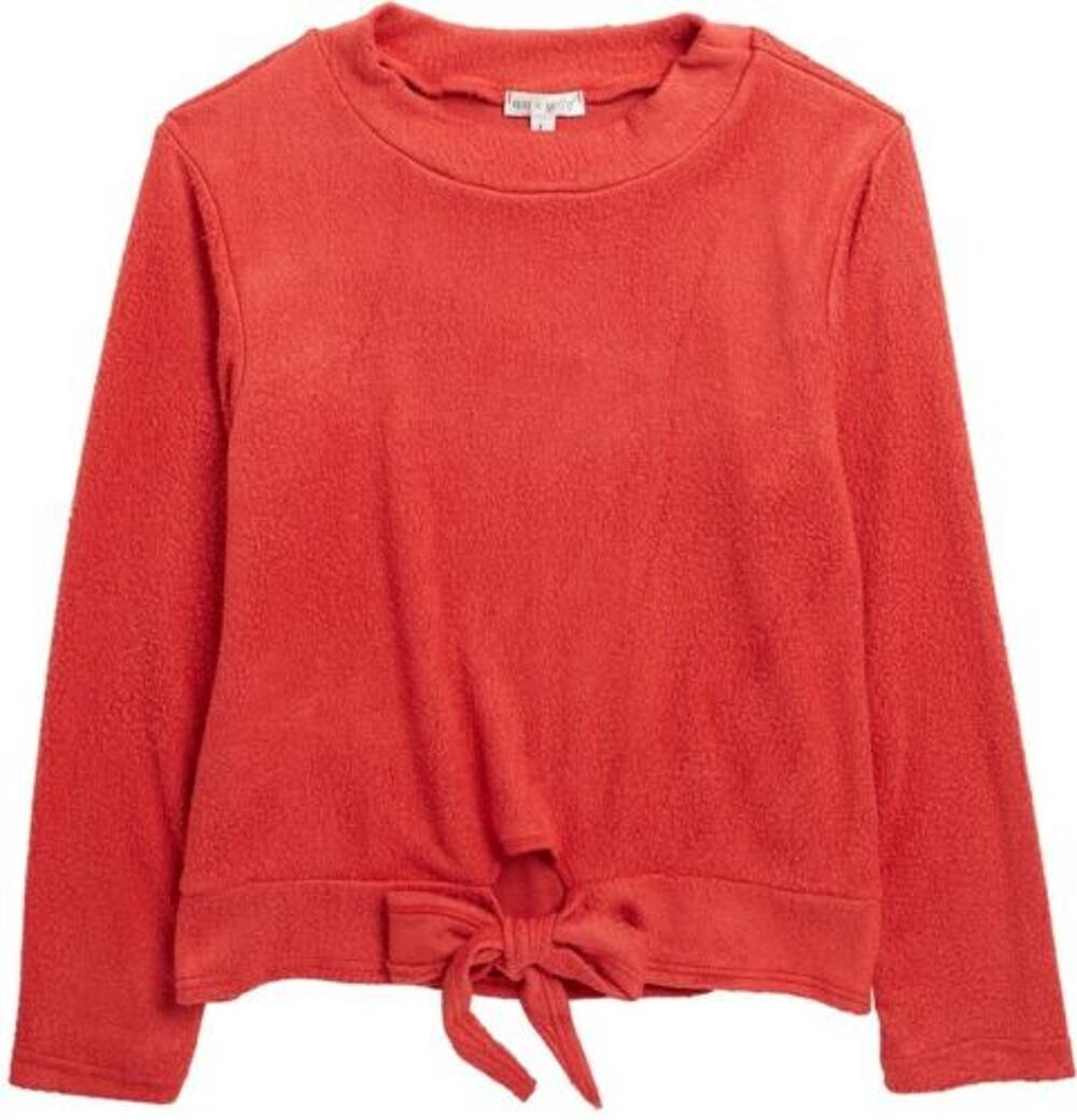 Ava & Yelley Fleece Mock Neck Tie Front Orange Copper Long Sleeve